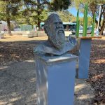 Bronze head of Noongar Boodja , sculpture outside the museum by Nicole Mickle, Safehaven Studios, 2021, cast in bronze