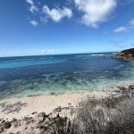 Wooden stairs on vegetated limestone lead down to sandy beach and a calm bay showing large areas of coral under the water