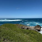 View of a turbulent blue Indian ocean, weathered limestone and foreshore vegetation under a blue sky at the western tip of the island
