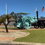 Large steam driven traction engine painted pale aqua and black, near a two-trunked grass tree. Both are in front of the shire council offices, to the left of the photo, out of frame